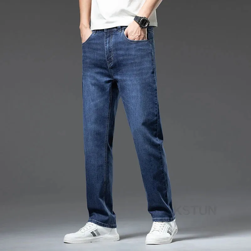 KSTUN Men Jeans Pants Extended Length Trousers Business Casual Classic Blue Straight Men's Clothing Extra Length Tall Men 190 cm