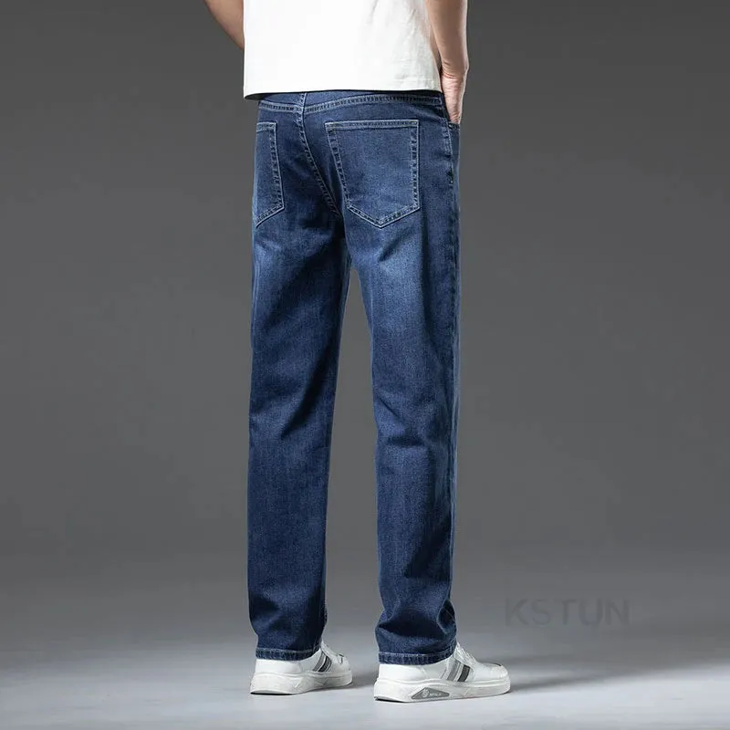 KSTUN Men Jeans Pants Extended Length Trousers Business Casual Classic Blue Straight Men's Clothing Extra Length Tall Men 190 cm