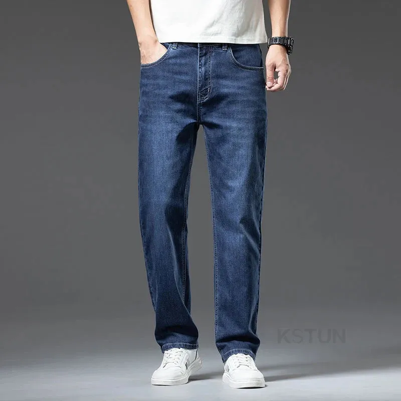 KSTUN Men Jeans Pants Extended Length Trousers Business Casual Classic Blue Straight Men's Clothing Extra Length Tall Men 190 cm