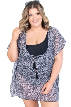 Leopard Print Plus Size  U Neck Ruffled  Kimono