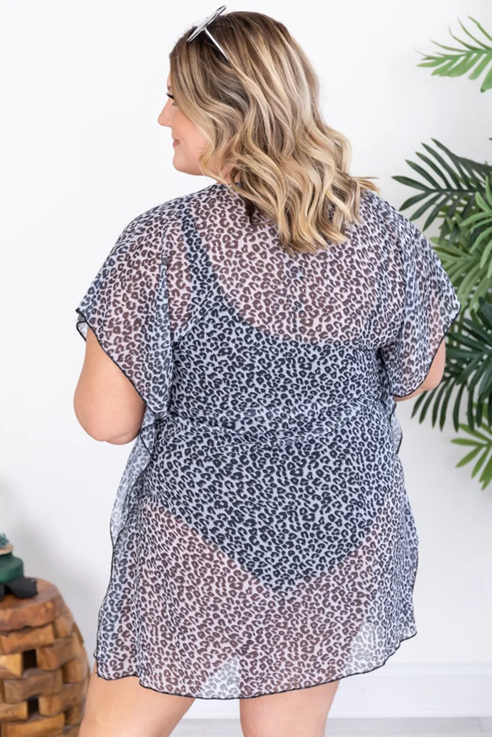Leopard Print Plus Size  U Neck Ruffled  Kimono