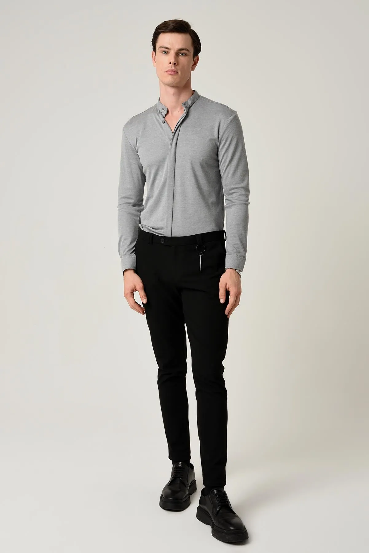 Men's Grey Classic Collar Hidden Button Long Sleeve Slim Fit Shirt - Wessi