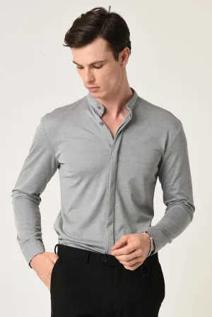 Men's Grey Classic Collar Hidden Button Long Sleeve Slim Fit Shirt - Wessi