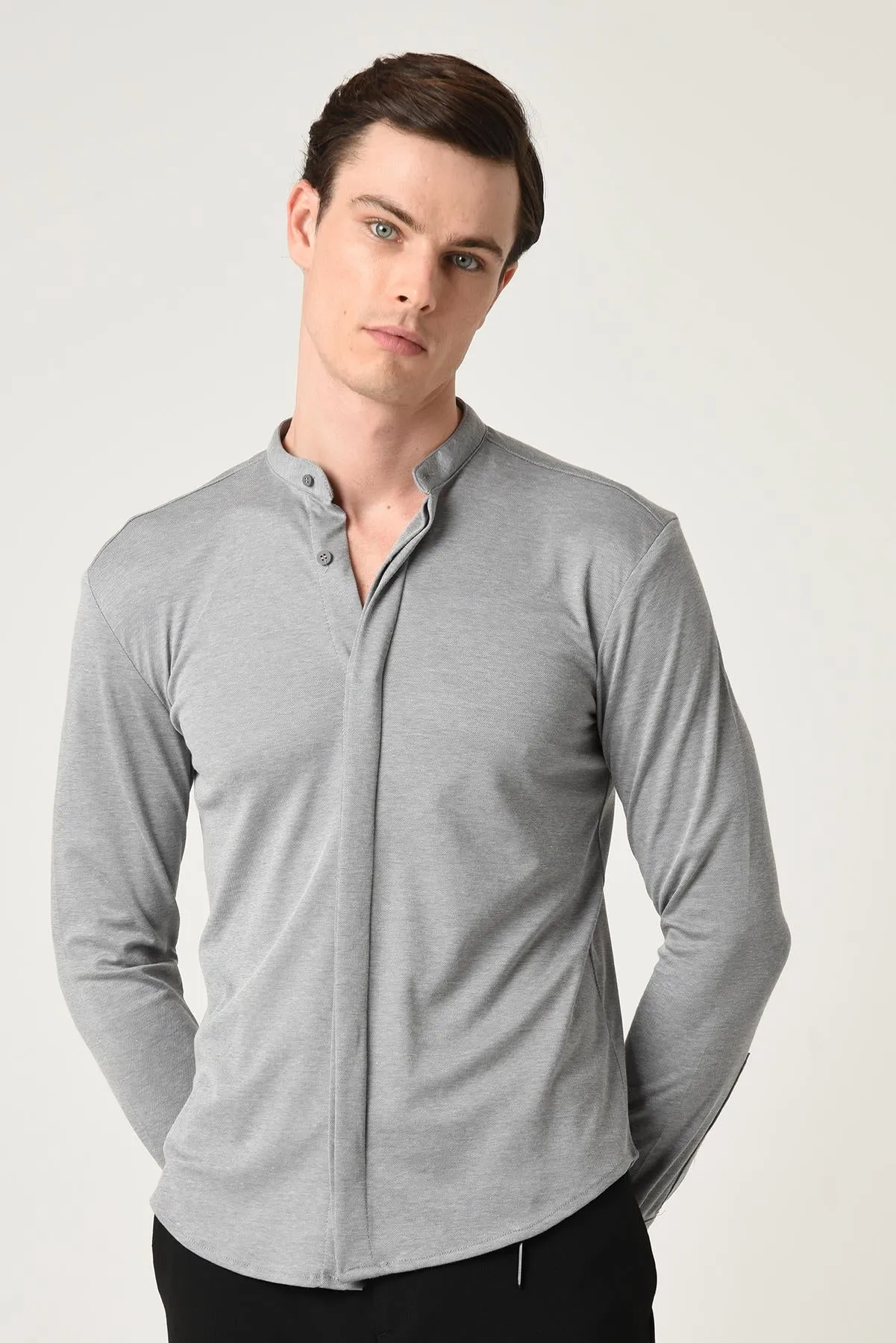 Men's Grey Classic Collar Hidden Button Long Sleeve Slim Fit Shirt - Wessi