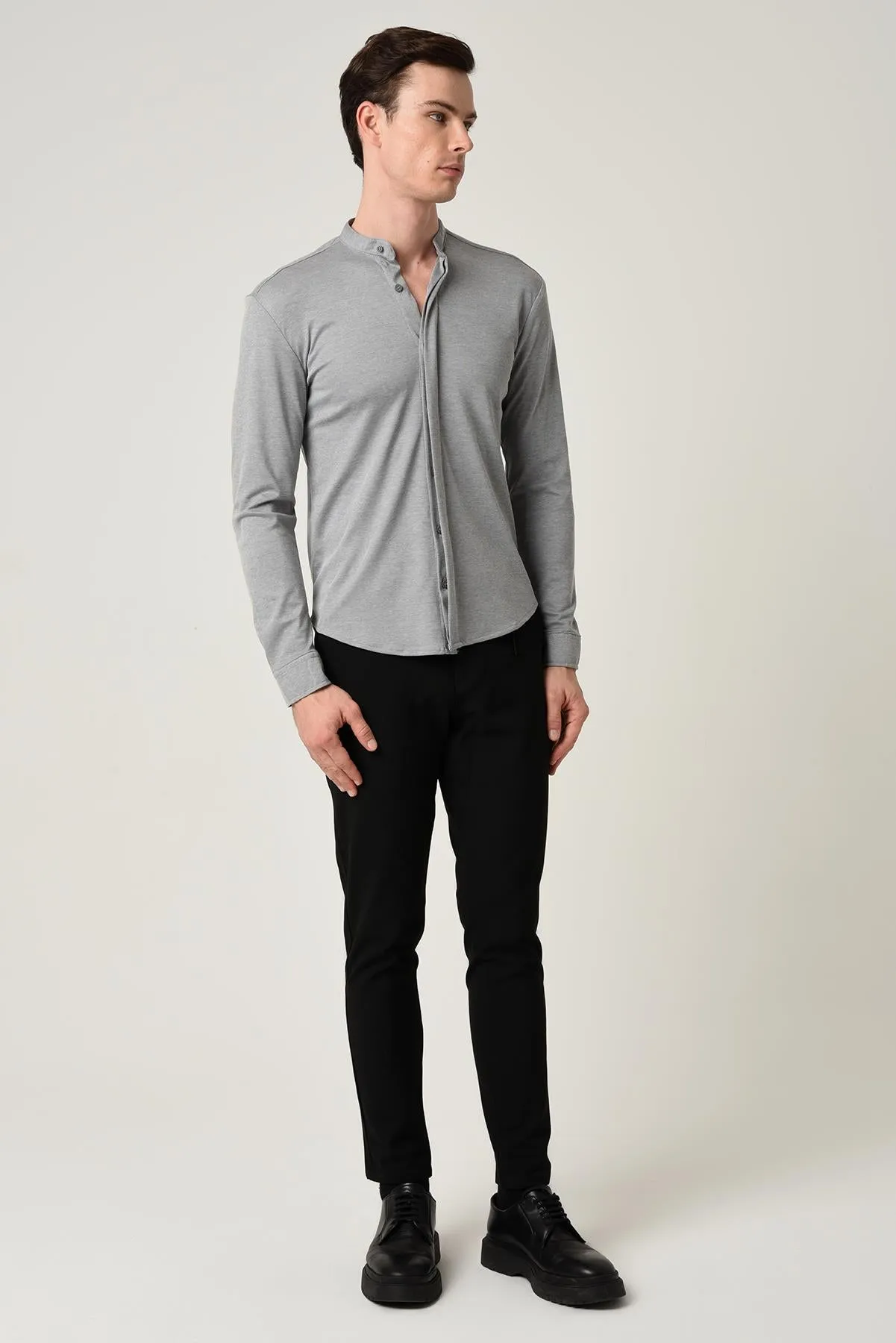 Men's Grey Classic Collar Hidden Button Long Sleeve Slim Fit Shirt - Wessi