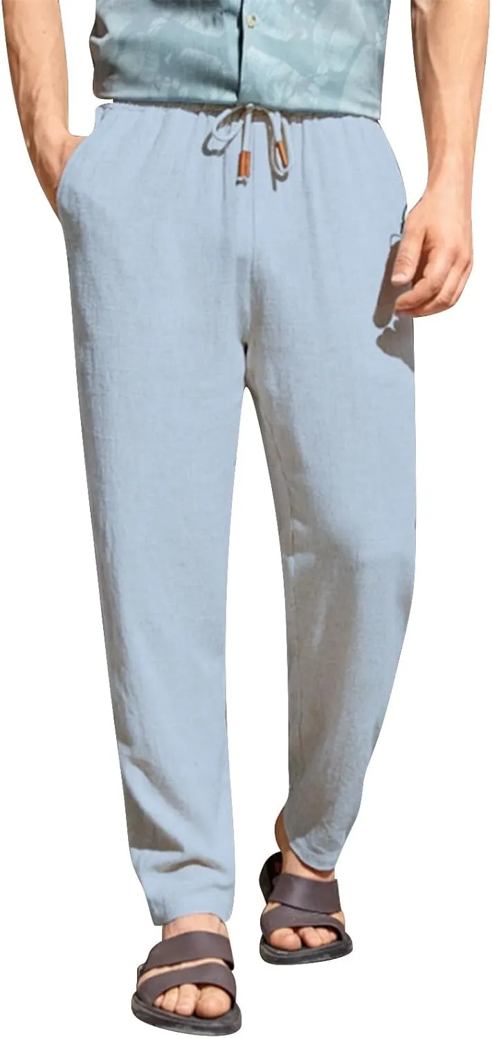 Mens Linen Pants Big Tall Casual Classic Summer Beach Pants Lightweight Breathable Flat Front Trouser with Pockets