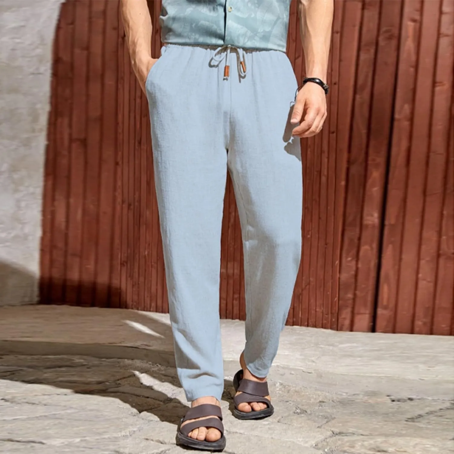 Mens Linen Pants Big Tall Casual Classic Summer Beach Pants Lightweight Breathable Flat Front Trouser with Pockets