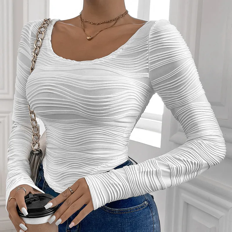 METAVERSMALL autumn new round neck slim sexy T-shirt curved texture ins style versatile T-shirt top