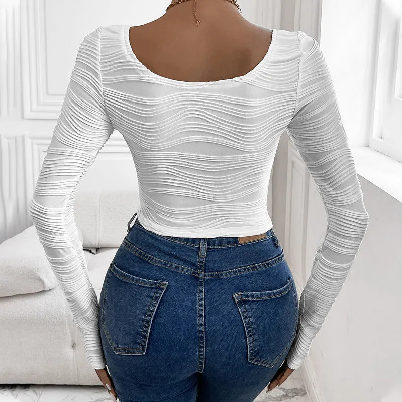 METAVERSMALL autumn new round neck slim sexy T-shirt curved texture ins style versatile T-shirt top