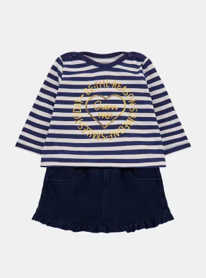 Navy White Long Sleeve and Denim Skirt Set (3-18M)