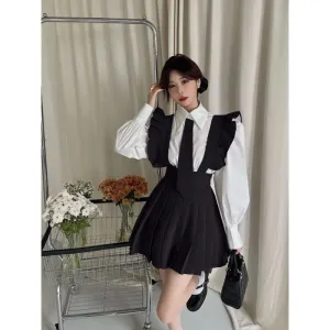 Niche Fashion Versatile Youthful Slimming Puff Sleeve White Shirt Autumn High-Waist Suspender Skirt Pleated Skirt Two-Piece Set for Women