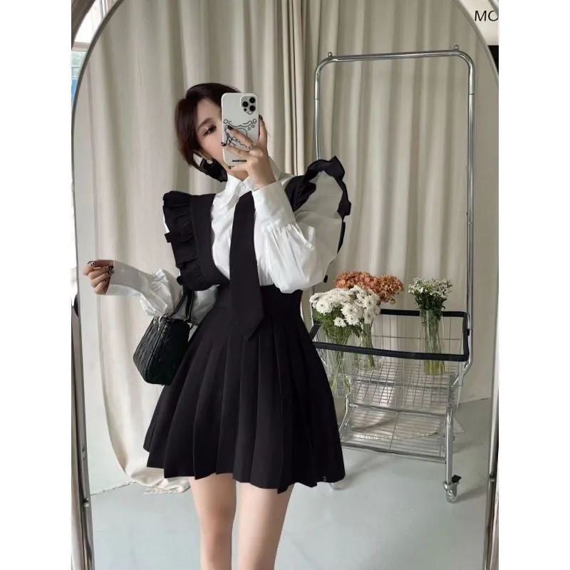Niche Fashion Versatile Youthful Slimming Puff Sleeve White Shirt Autumn High-Waist Suspender Skirt Pleated Skirt Two-Piece Set for Women
