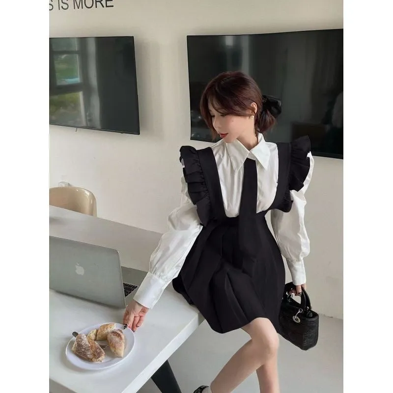 Niche Fashion Versatile Youthful Slimming Puff Sleeve White Shirt Autumn High-Waist Suspender Skirt Pleated Skirt Two-Piece Set for Women