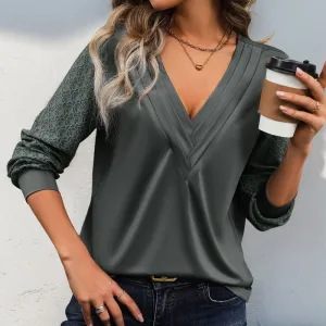 PEOPLETERRITORY popular  Autumn Lace Splicing Long Sleeve T-Shirt Laminated V-Neck Solid Color Simple Versatile T-Shirt Top Women