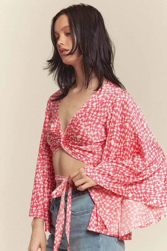 Pink Kimono Sleeve Multi Tie Top