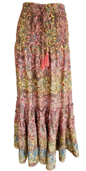 Pink Lemonade Boho Ruffle Ruched Waist Midi Skirt