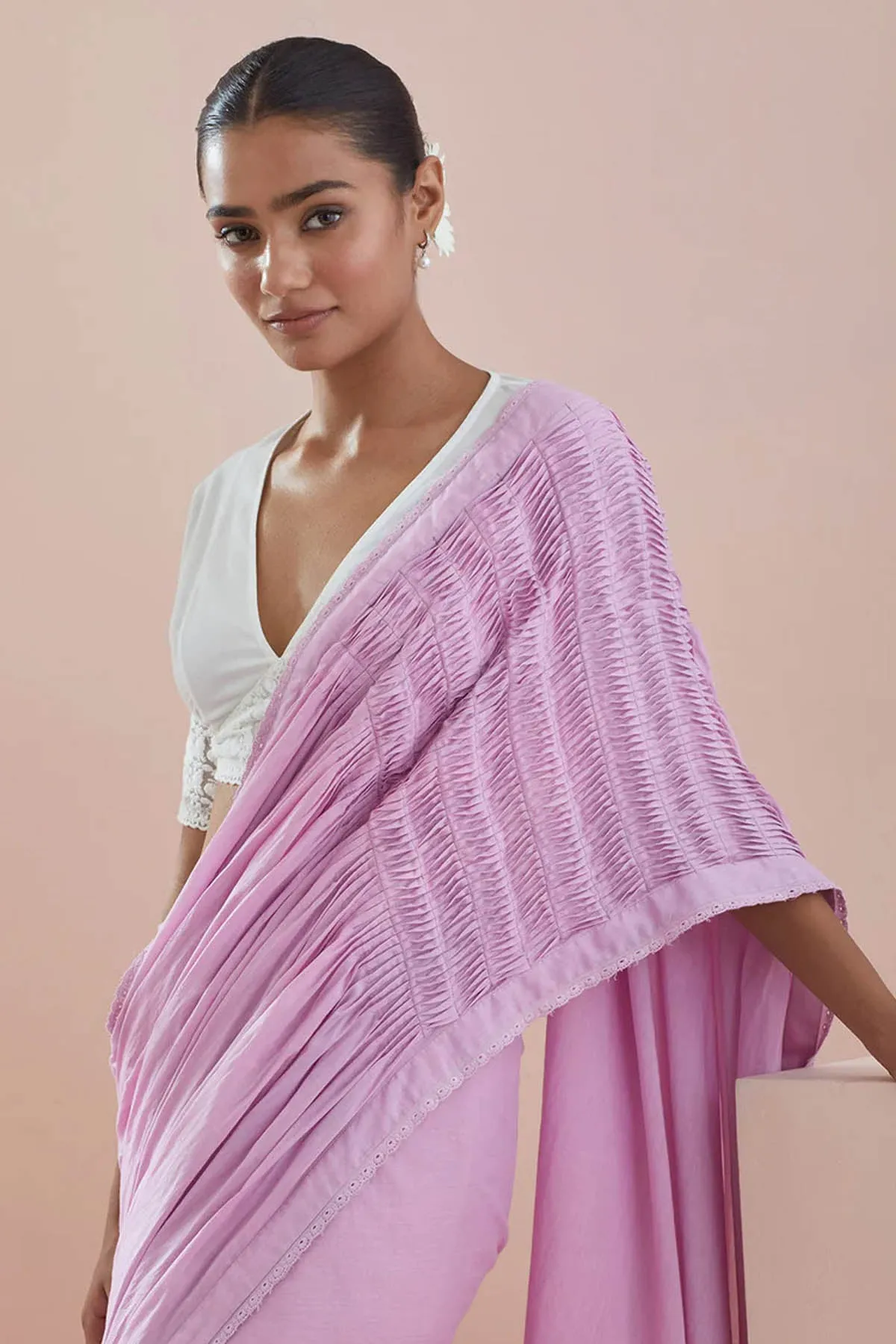 Pink Pure Cotton Pintuck Saree