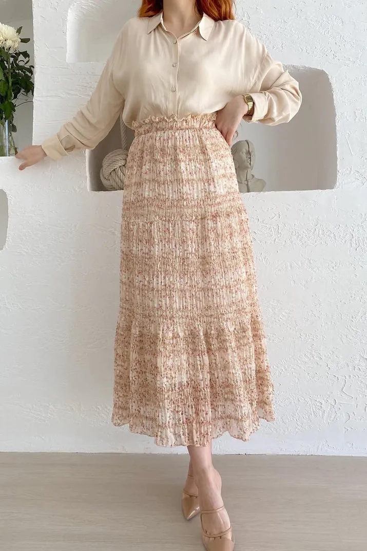 Pleated Paper Bag Waist Printed Skirt