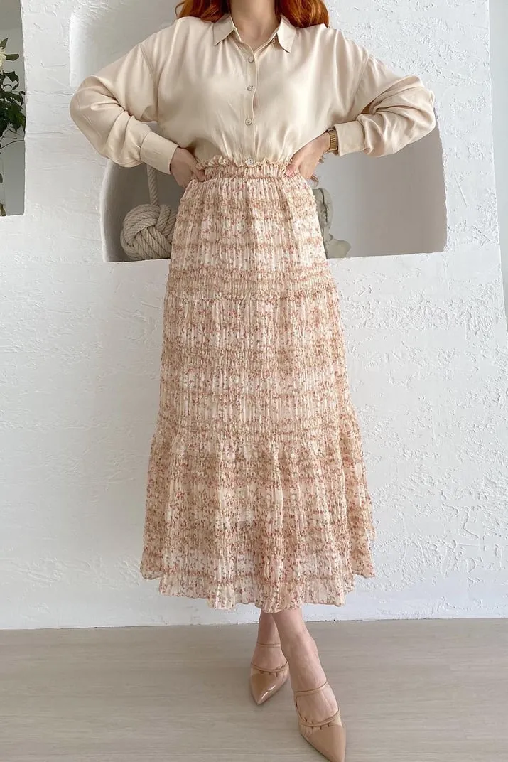 Pleated Paper Bag Waist Printed Skirt