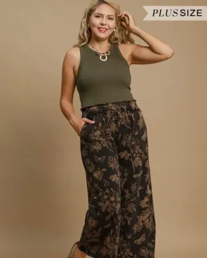 Plus Size Casual Black or Blue w/Brown Floral Design Wide Leg Lounge Cargo Pants with Pockets