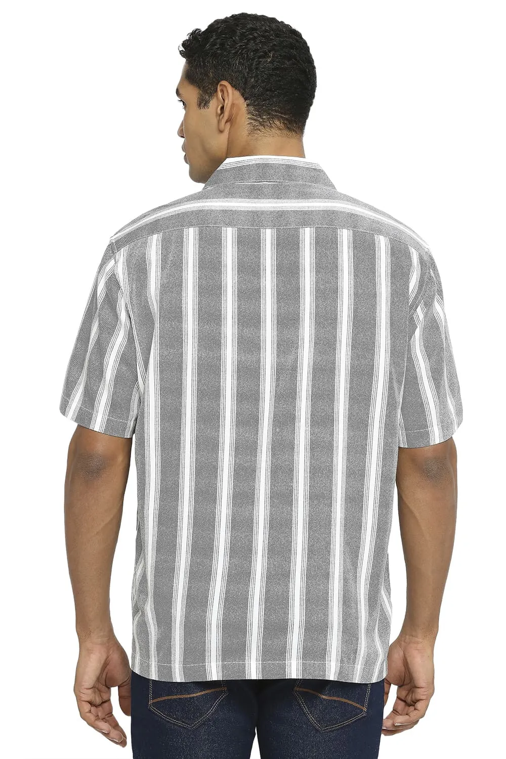 Relaxed Fit Cotton Viscose Printed Stripe Halfsleeves Shirt
