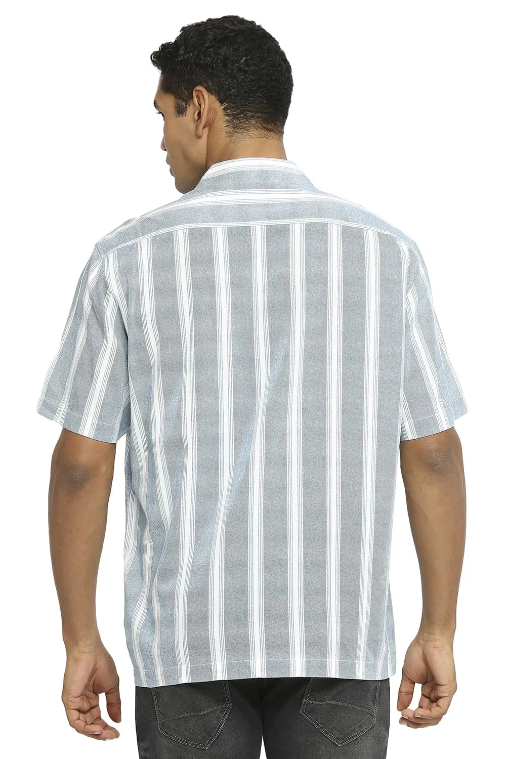 Relaxed Fit Cotton Viscose Printed Stripe Halfsleeves Shirt
