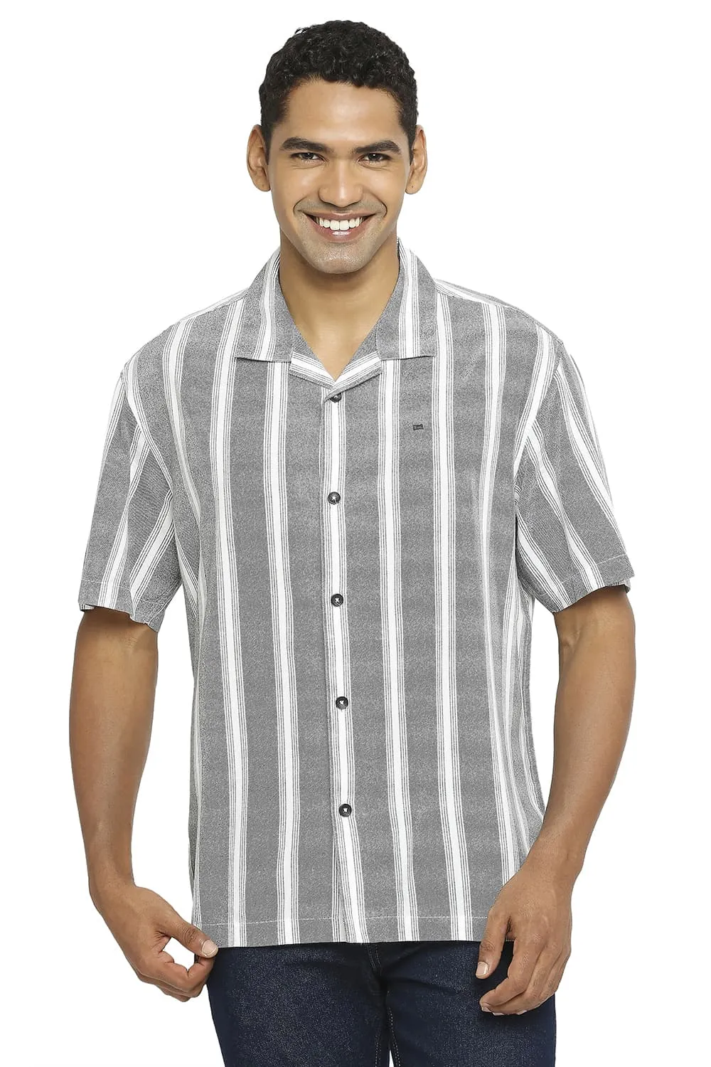 Relaxed Fit Cotton Viscose Printed Stripe Halfsleeves Shirt