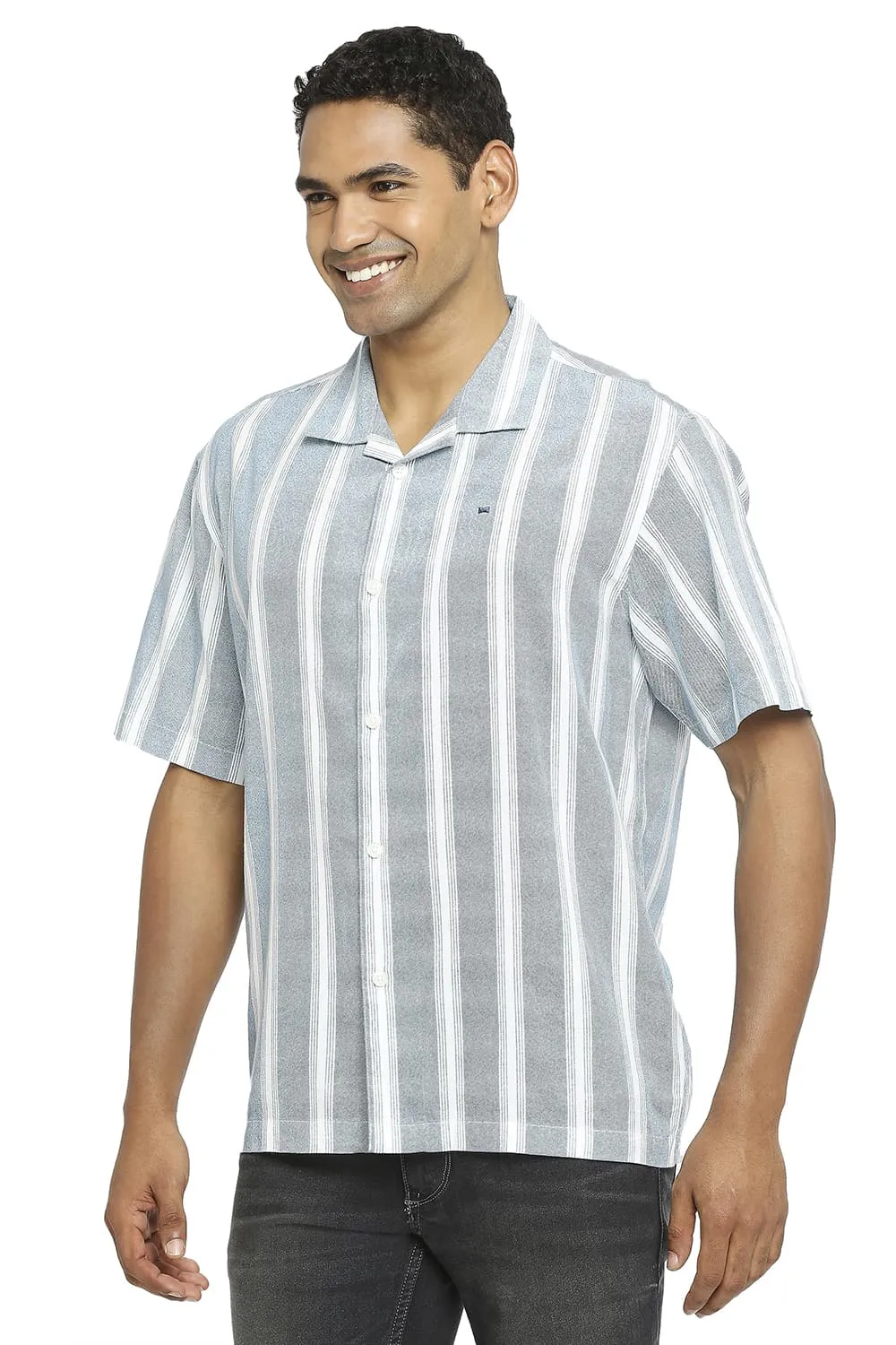 Relaxed Fit Cotton Viscose Printed Stripe Halfsleeves Shirt
