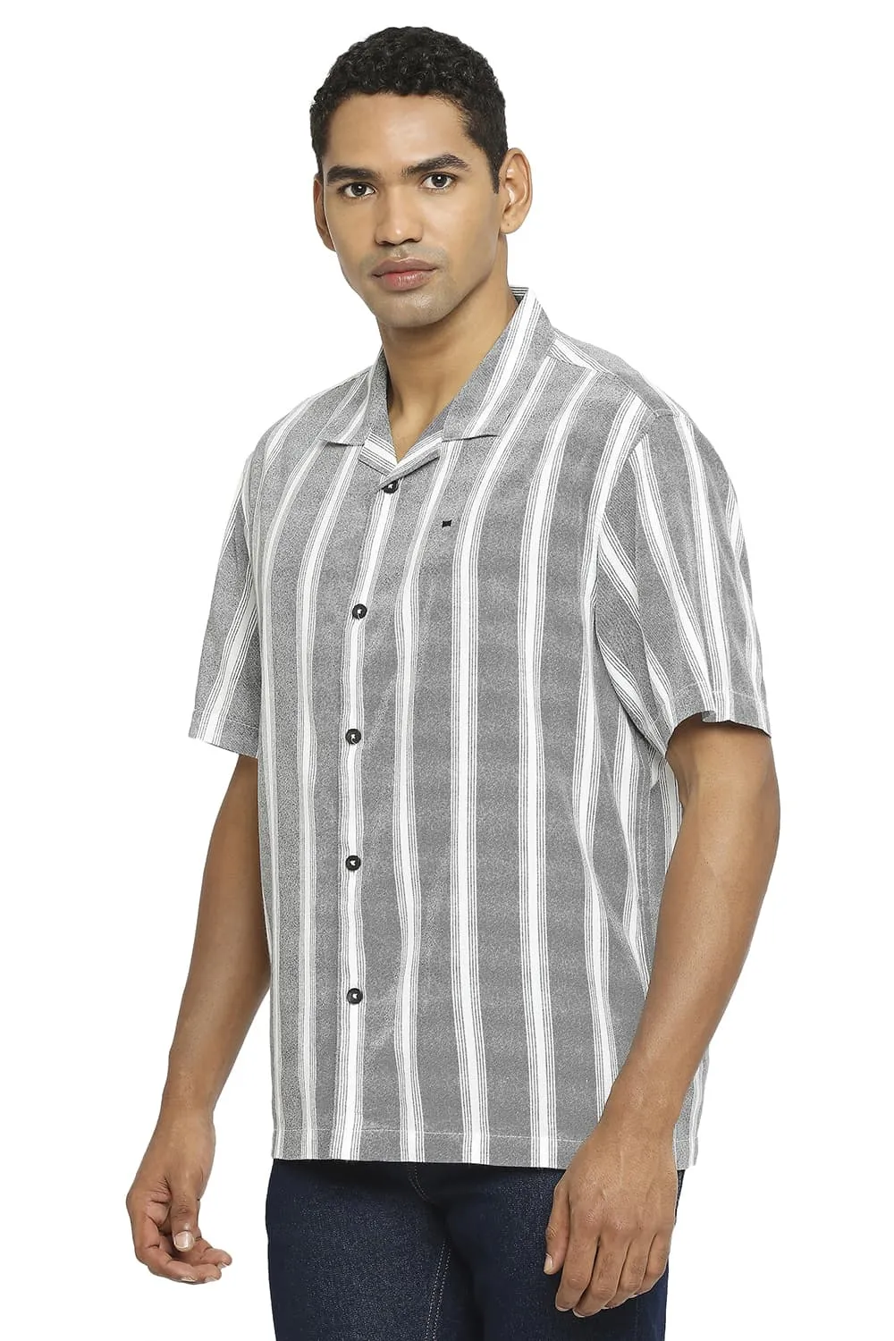 Relaxed Fit Cotton Viscose Printed Stripe Halfsleeves Shirt