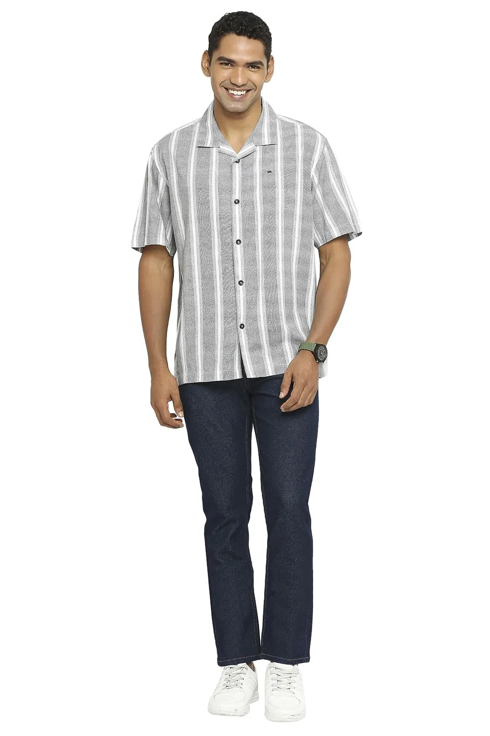 Relaxed Fit Cotton Viscose Printed Stripe Halfsleeves Shirt