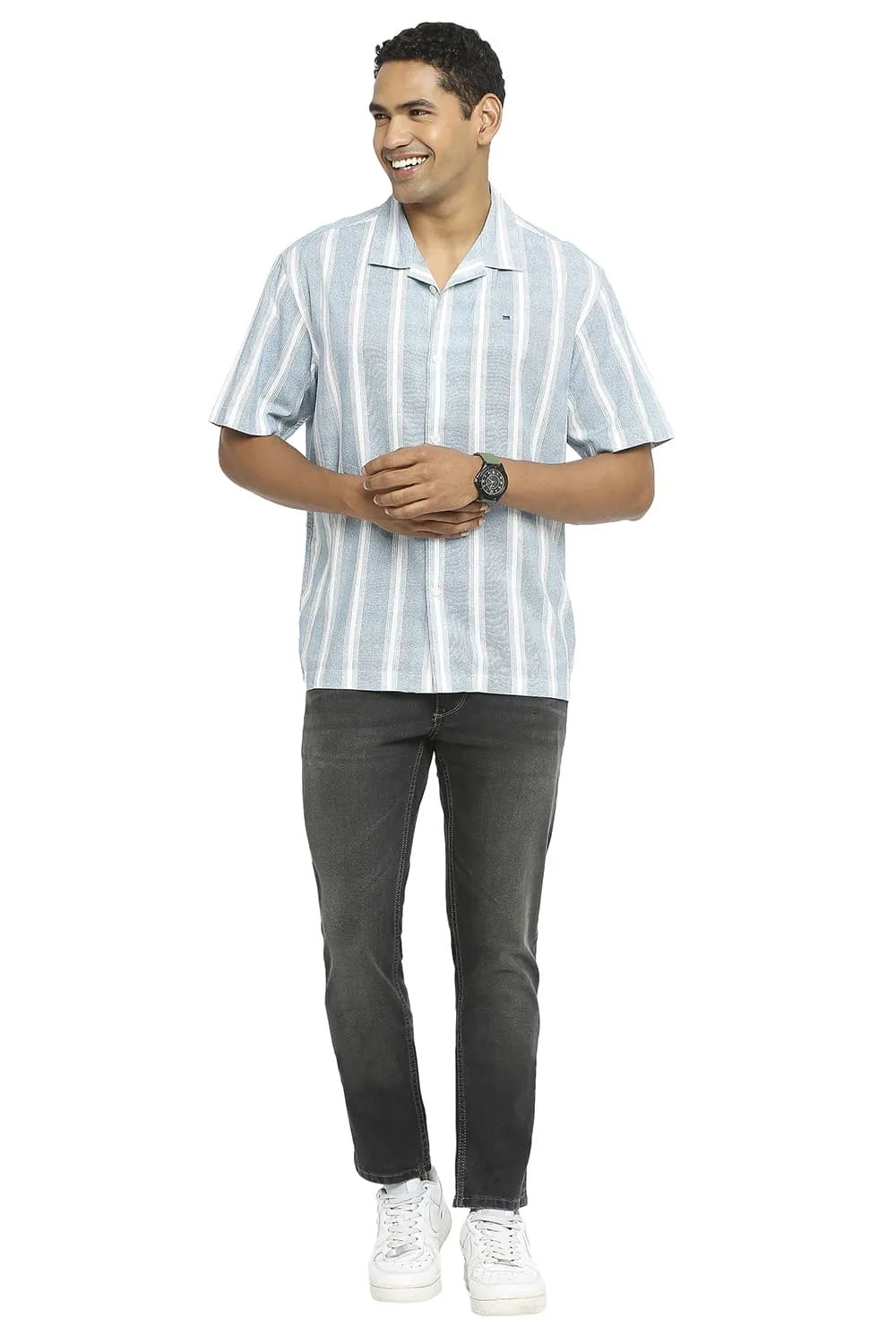 Relaxed Fit Cotton Viscose Printed Stripe Halfsleeves Shirt