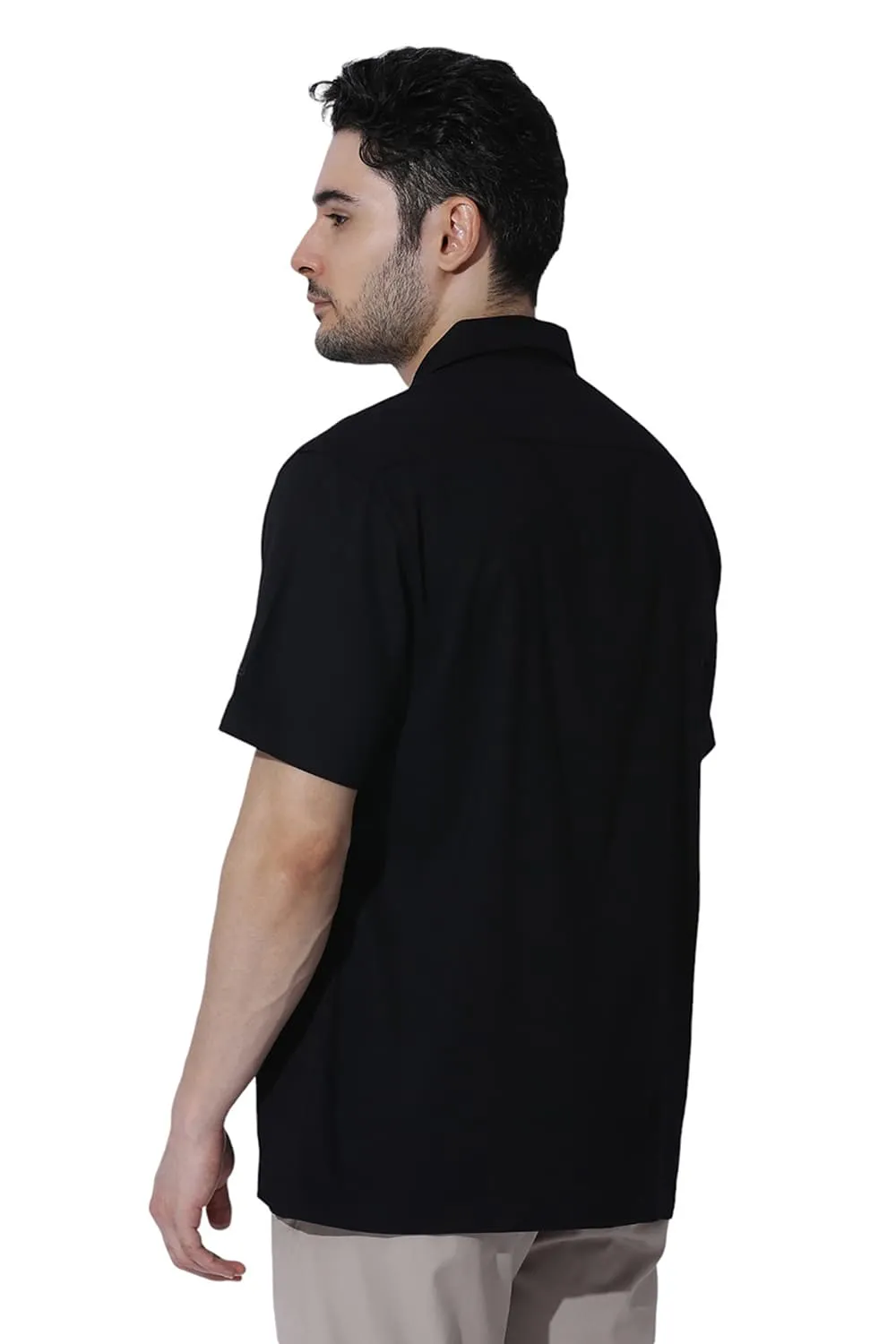 Relaxed Fit Viscose Polyester Stretch Dobby Halfsleeves Shirt