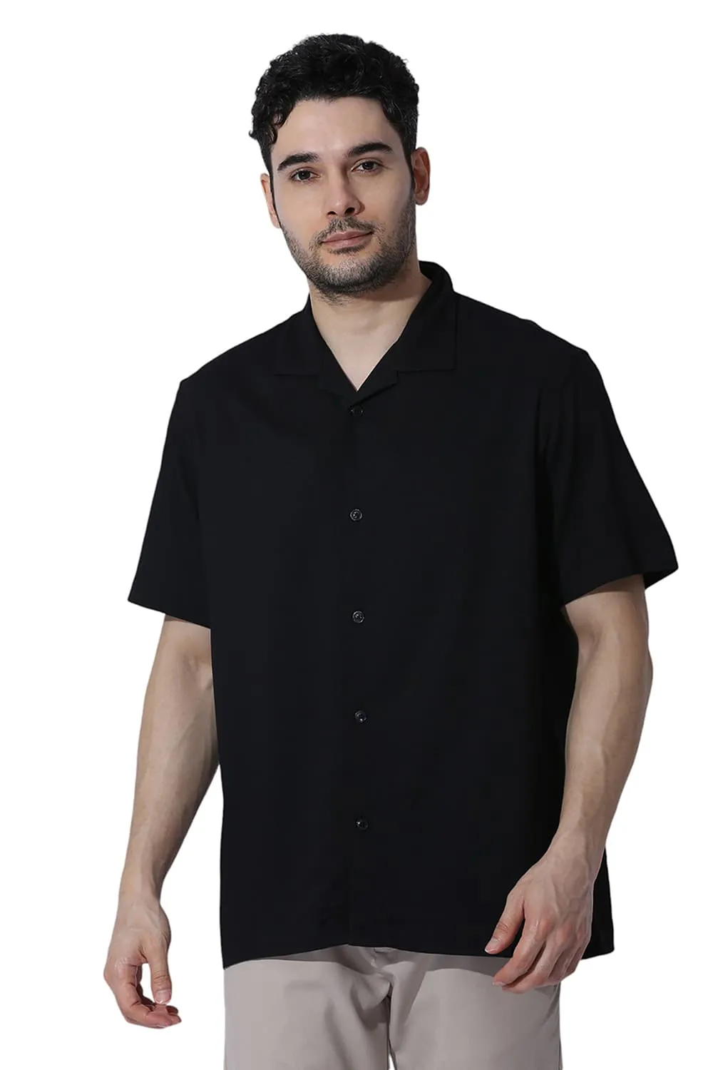 Relaxed Fit Viscose Polyester Stretch Dobby Halfsleeves Shirt