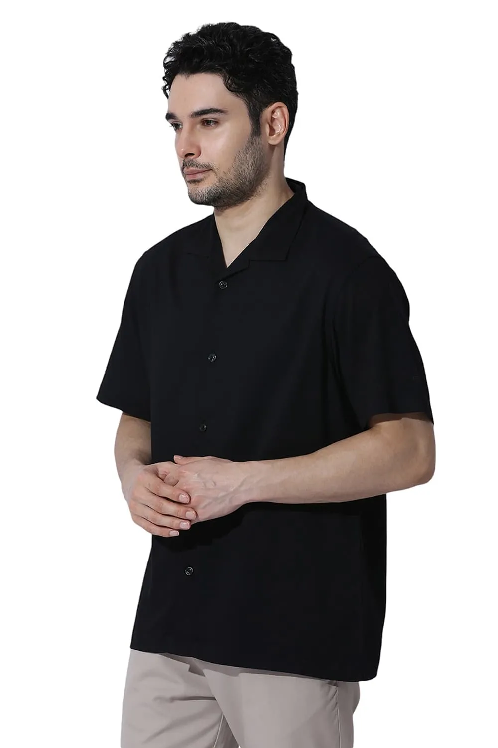 Relaxed Fit Viscose Polyester Stretch Dobby Halfsleeves Shirt