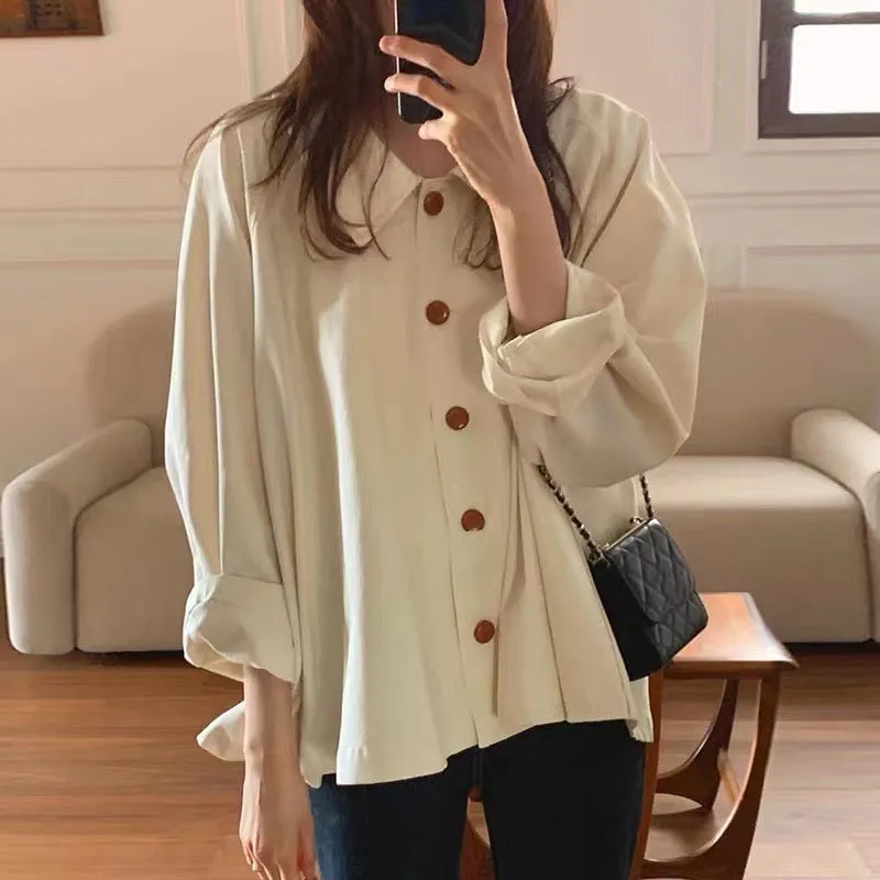 Simple lapel oversize loose casual solid color versatile long-sleeved shirt