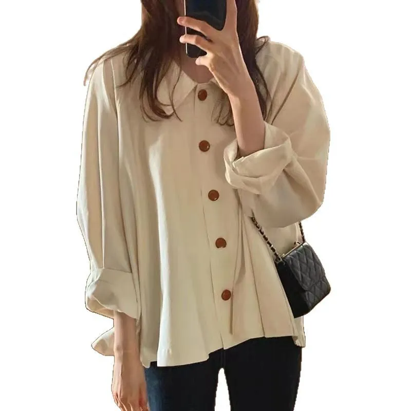 Simple lapel oversize loose casual solid color versatile long-sleeved shirt