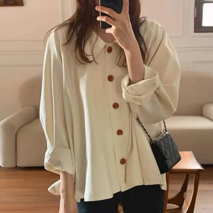 Simple lapel oversize loose casual solid color versatile long-sleeved shirt