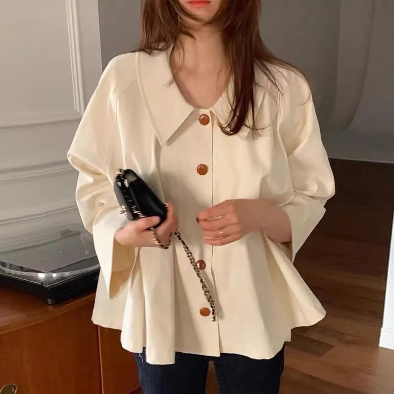 Simple lapel oversize loose casual solid color versatile long-sleeved shirt