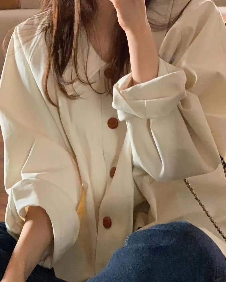 Simple lapel oversize loose casual solid color versatile long-sleeved shirt