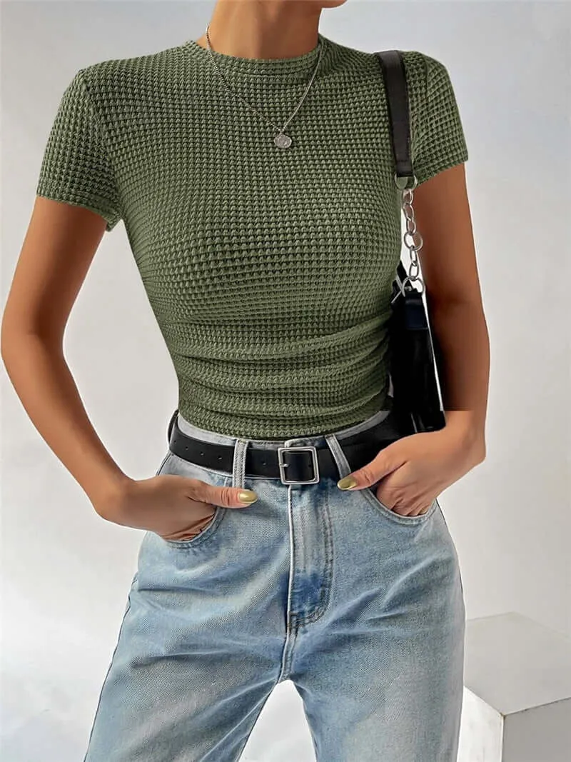 Slim Versatile Pleated Round Neck T-shirt