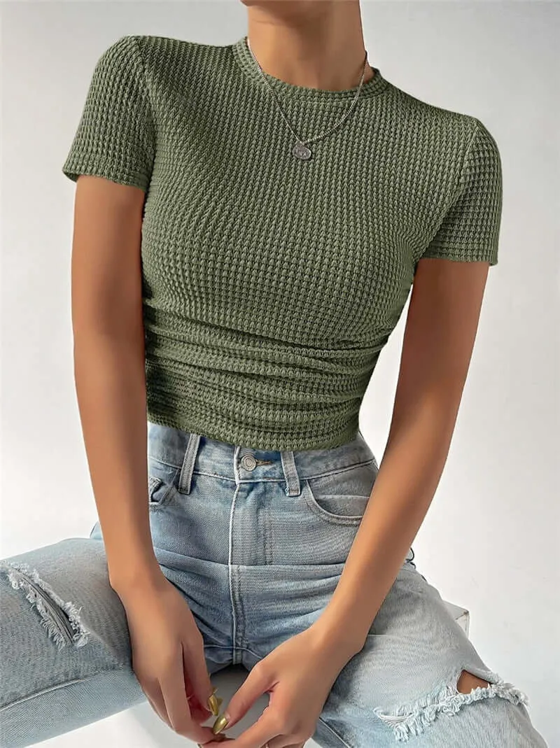 Slim Versatile Pleated Round Neck T-shirt