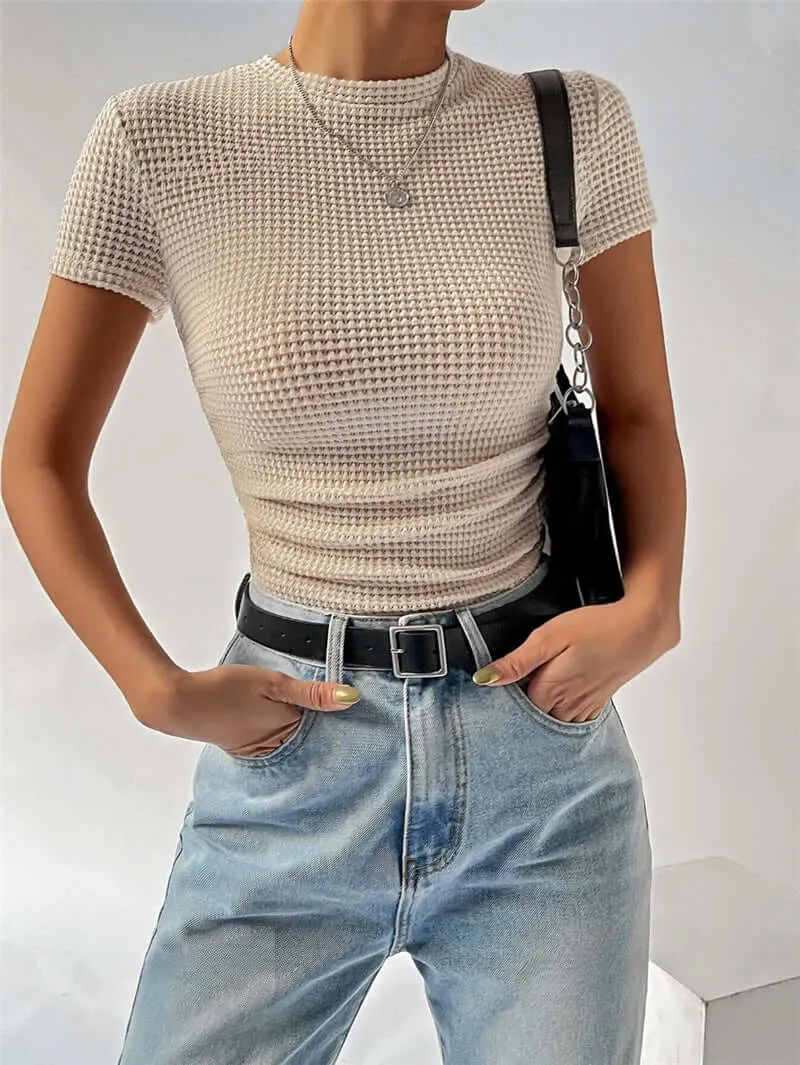 Slim Versatile Pleated Round Neck T-shirt
