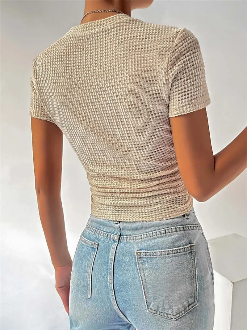 Slim Versatile Pleated Round Neck T-shirt