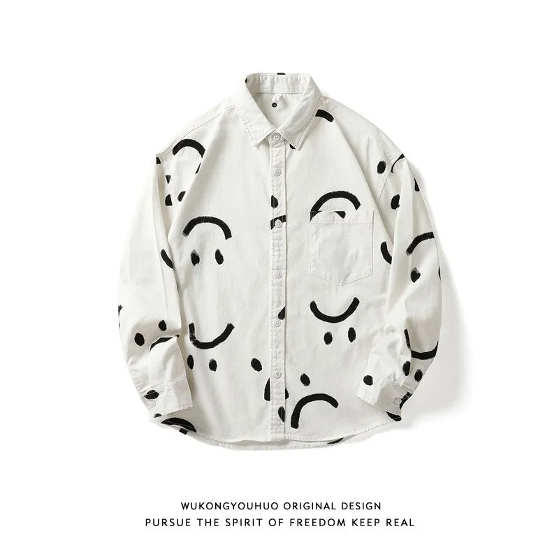 Smile full print long sleeve shirt men autumn street loose unisex casual versatile jacket