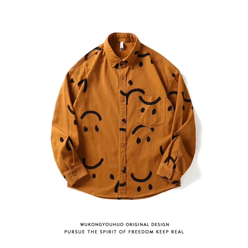 Smile full print long sleeve shirt men autumn street loose unisex casual versatile jacket