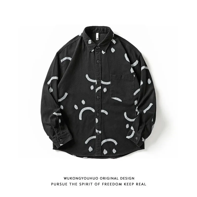 Smile full print long sleeve shirt men autumn street loose unisex casual versatile jacket