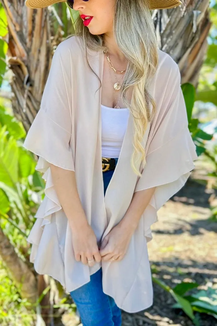Solid Chiffon Kimono with Ruffled Sleeves- Beige