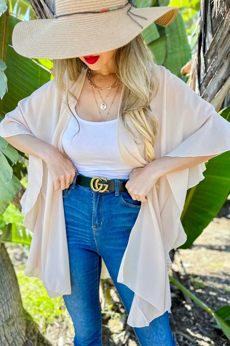 Solid Chiffon Kimono with Ruffled Sleeves- Beige