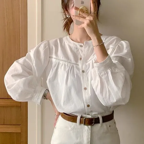 Spliced hollow lace versatile sweet solid color shirt