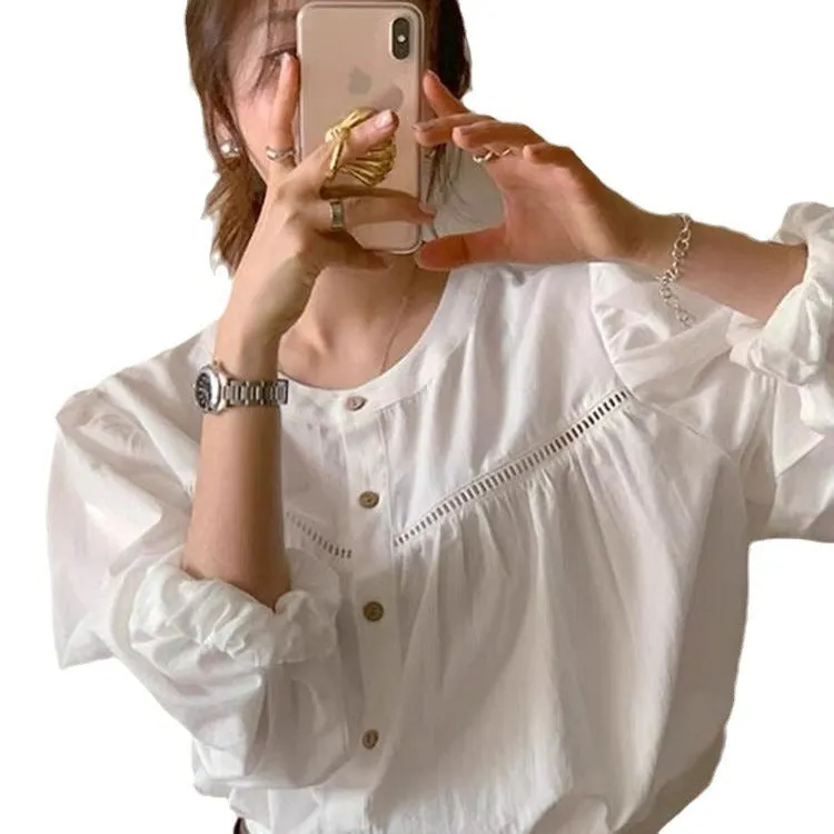 Spliced hollow lace versatile sweet solid color shirt